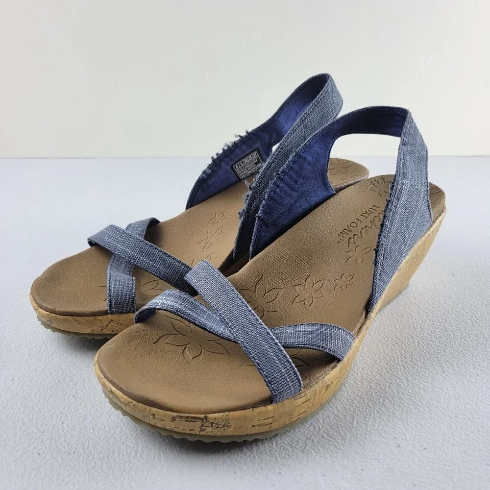 Skechers Luxe Cross Leigh Foam Cork Wedge Ankle Strap Open Toe Sandals 8 Blue